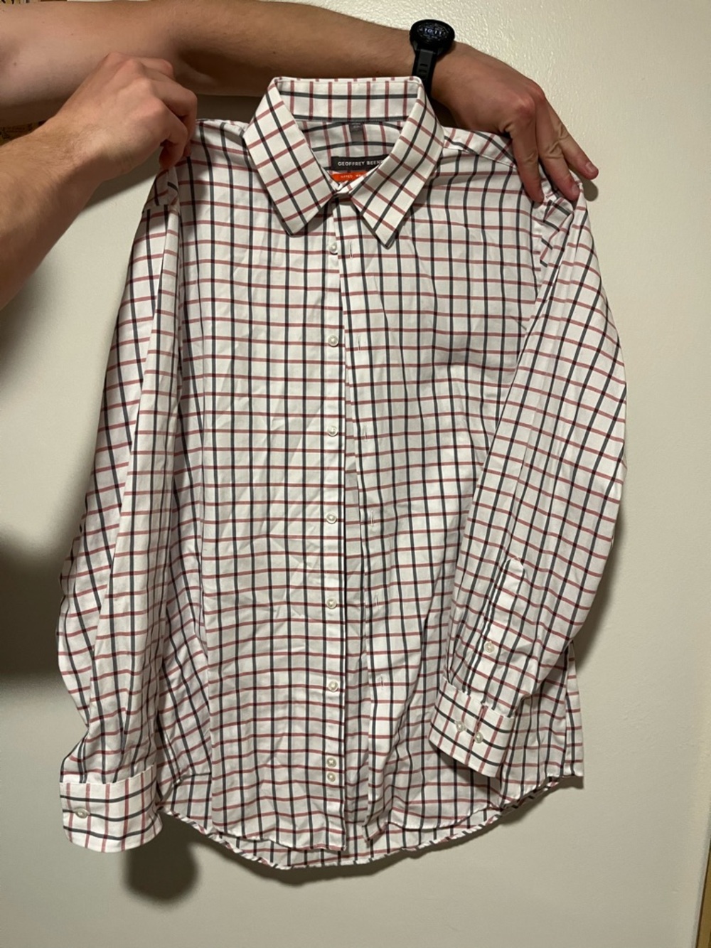 Geoffrey Beene White Button-Up Shirt with Red Windowpane Check